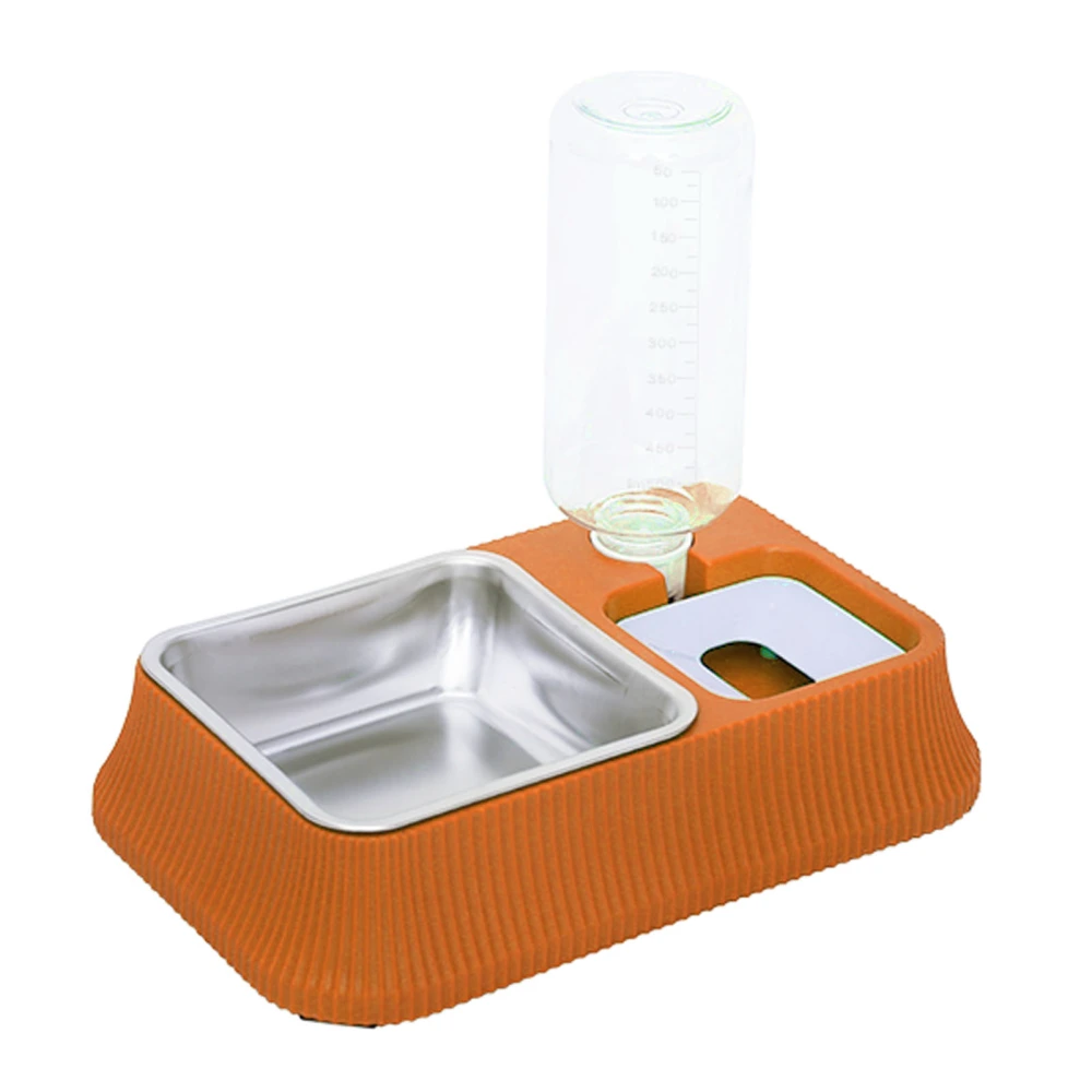 Automatic Double Dog Bowl 2 in 1 Square Double Dog Food and Water Bowl Set with Detachable Stainless Steel Bowl Orange