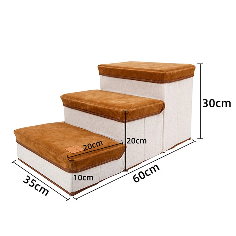 Pet Dog Ladder Foldable Soft Elastic Large Capacity 3 Storage Box Puppy Climbing Step Stairs for High Bed Sofa Brown