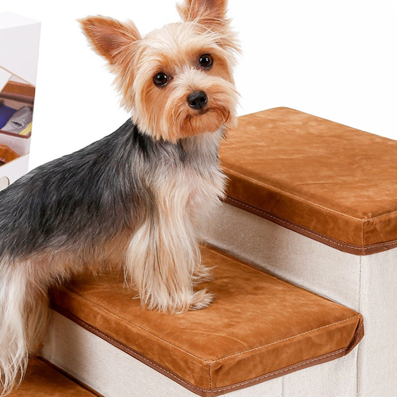 Pet Dog Ladder Foldable Soft Elastic Large Capacity 3 Storage Box Puppy Climbing Step Stairs for High Bed Sofa Brown