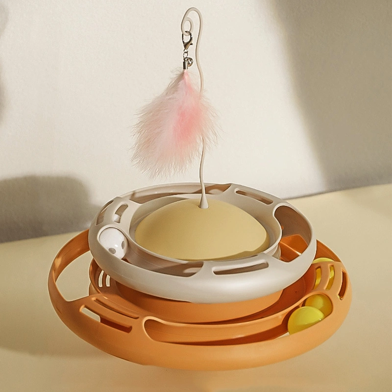 Cat Turntable Toy Interactive Funny Feather Circular Turntable Kitten Toys for Cats Kittens White Yellow