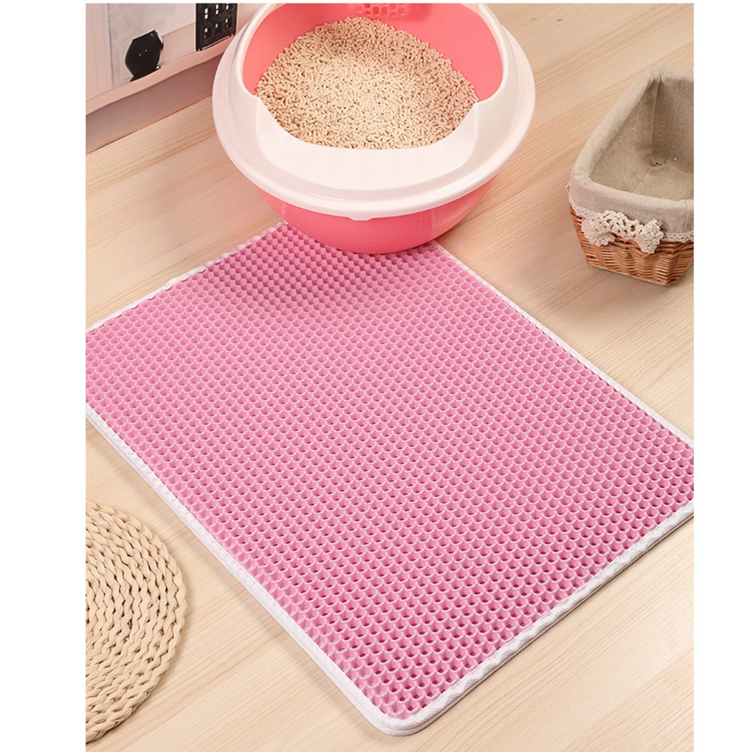 Cat Litter Mat Double Layer Waterproof Slip Resistant Easy Clean Kitty Litter Trapping Mat 40x50cm Pink