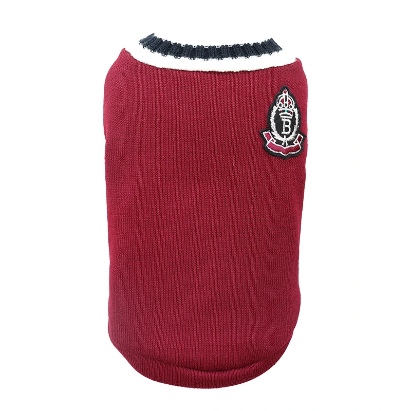 Pet Knit Sweater School Style V Neck Soft Breathable Versatile Dog Knit Waistcoat Clothes Wine Red L