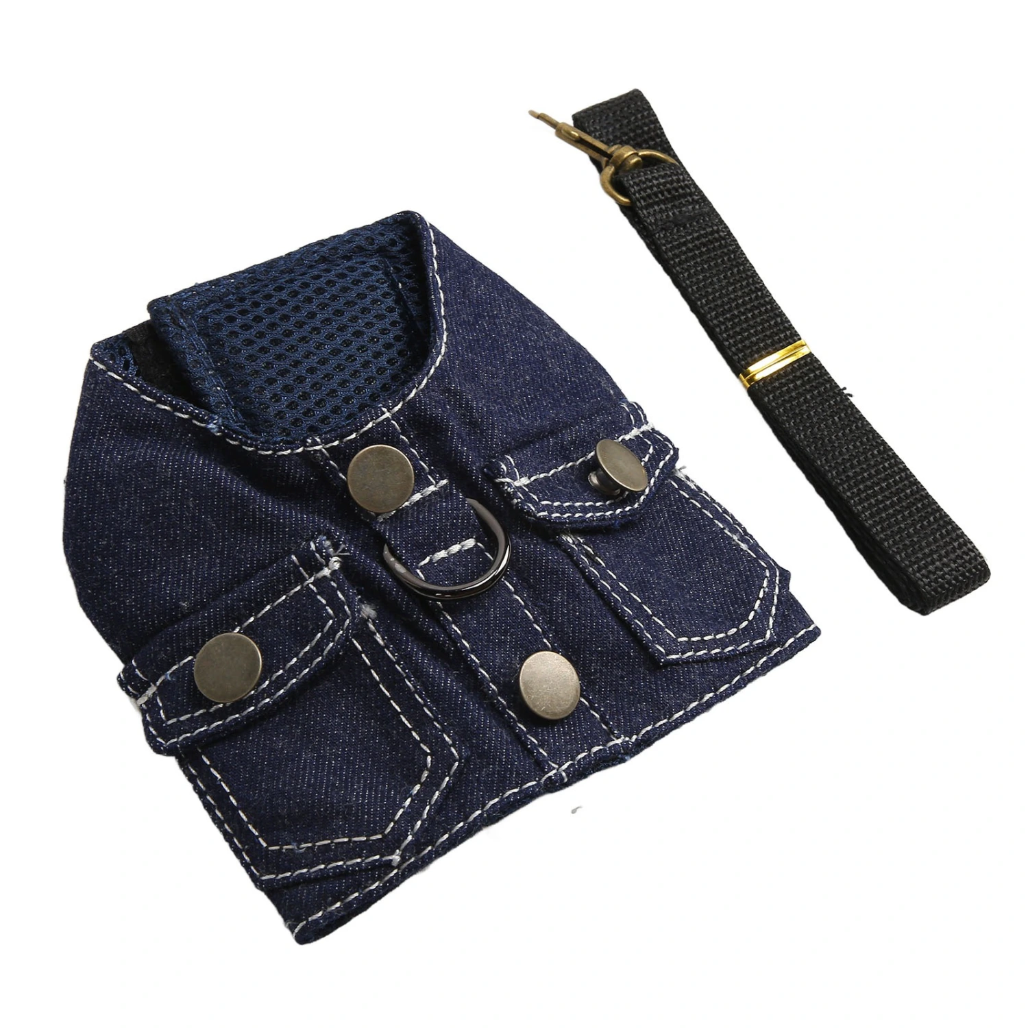 Dog Jean Jacket Harness Soft Comfortable Breathable Dog Denim Vest Harness with Nylon Leash for Pet Dog Cat Dark Blue S