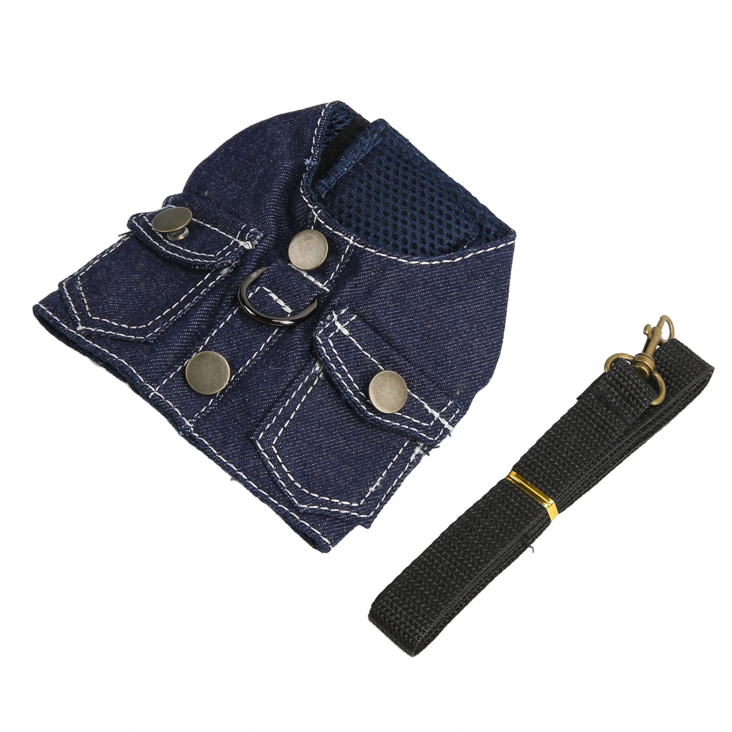 Dog Jean Jacket Harness Soft Comfortable Breathable Dog Denim Vest Harness with Nylon Leash for Pet Dog Cat Dark Blue S