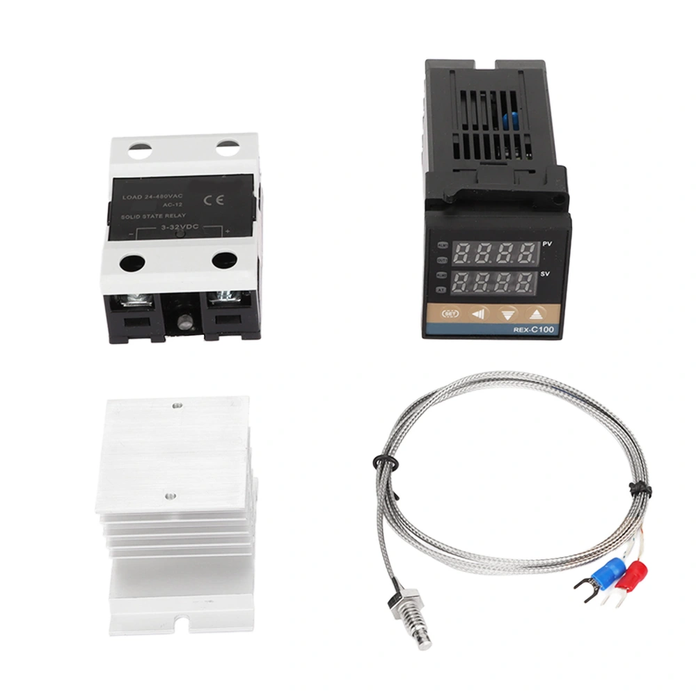 PID Temperature Controller Kit 1m M6 K Type Thermocouple Solid State Relay Aluminum Heat Sink PID Thermostat 100‑240V 25A