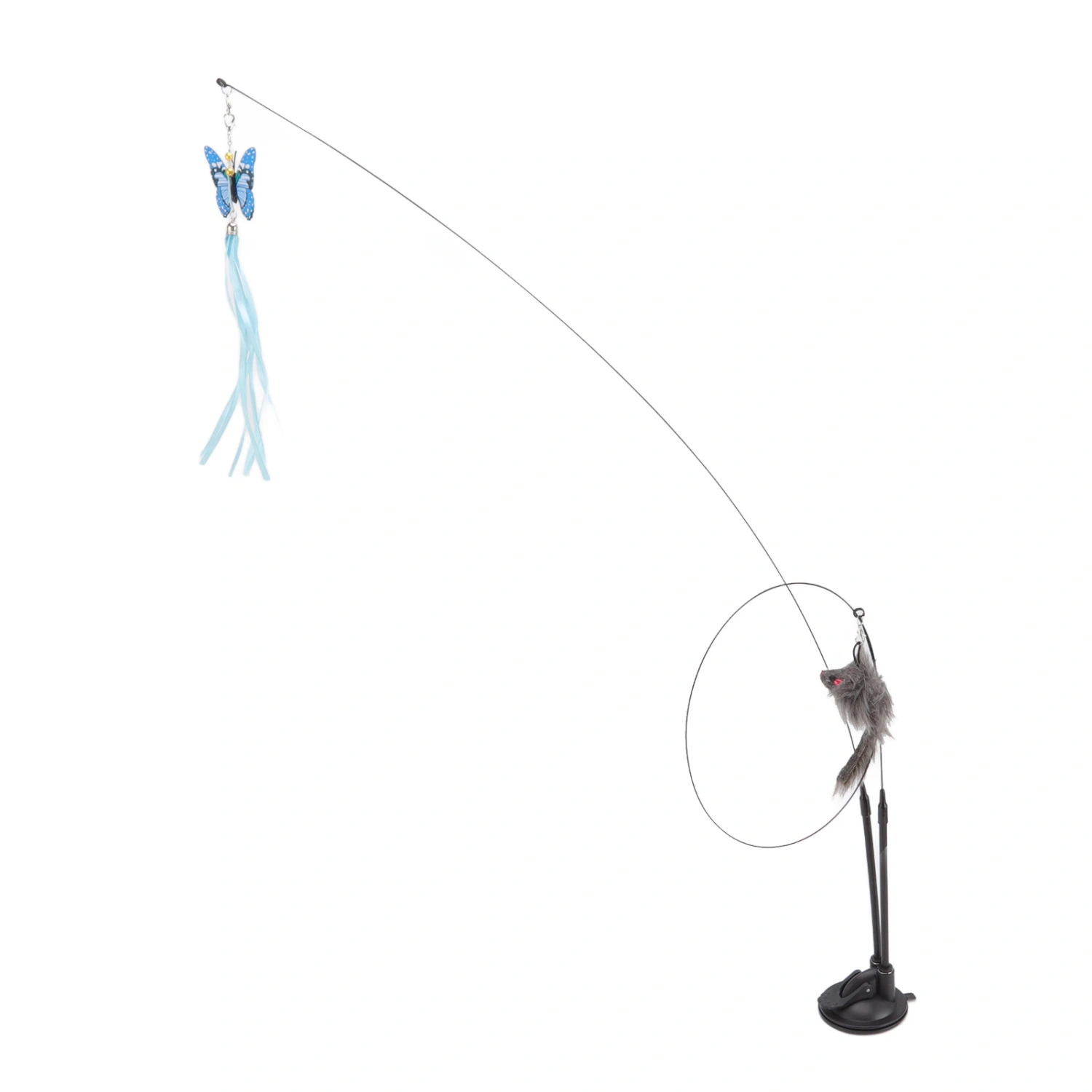 Suction Cat Feather Wand Toy Double End Removable Steel Wire Interactive Cat Teaser Stick Toy for Indoor Blue Scalewing and Gray Mouse