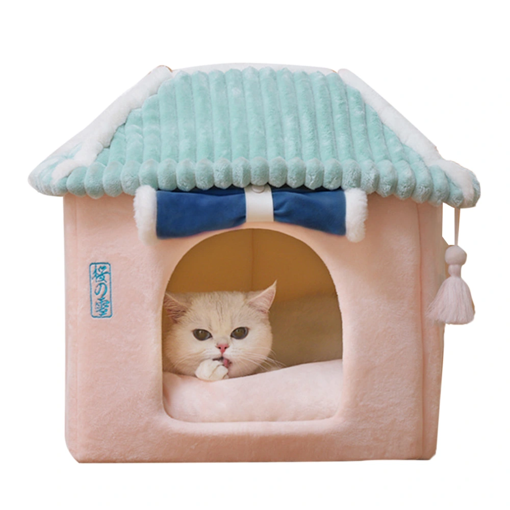 Cat House Bed Warm Soft Removable Cushion Square Shape Pet Cave Bed for Dog Rabbits Navy Blue Curtain