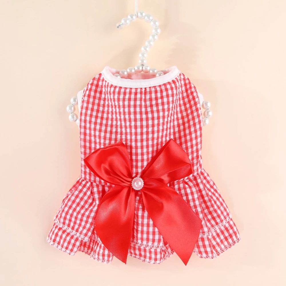 Buyweek Striped Dog Dress Comfortable Fashionable Puppy Bow Knot Dress for Summer Birthday Wedding Photo Shoot Red Plaid XS