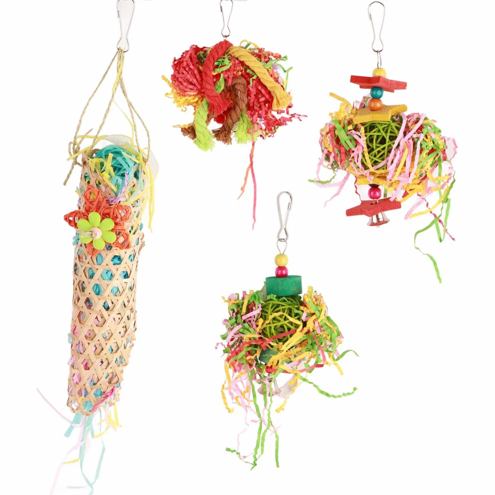 Bird Shredding Toy Set Colorful Bird Cage Hanging Chewing Foraging Toys for Parrots Cockatiel