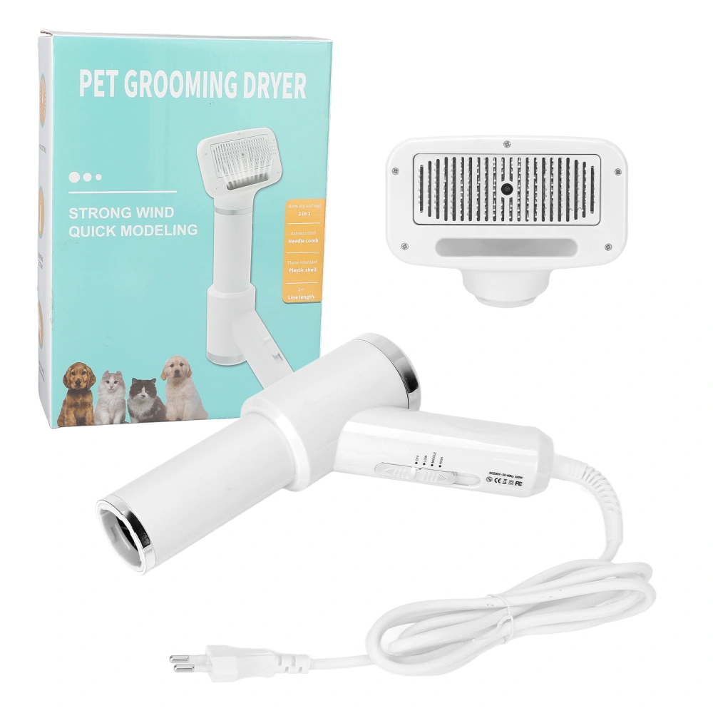 Pet Hair Dryer Comb Adjustable Temp Massage Grooming Pet Hair Blower with Slicker Brush for Cats DogsWhite EU Plug 220V