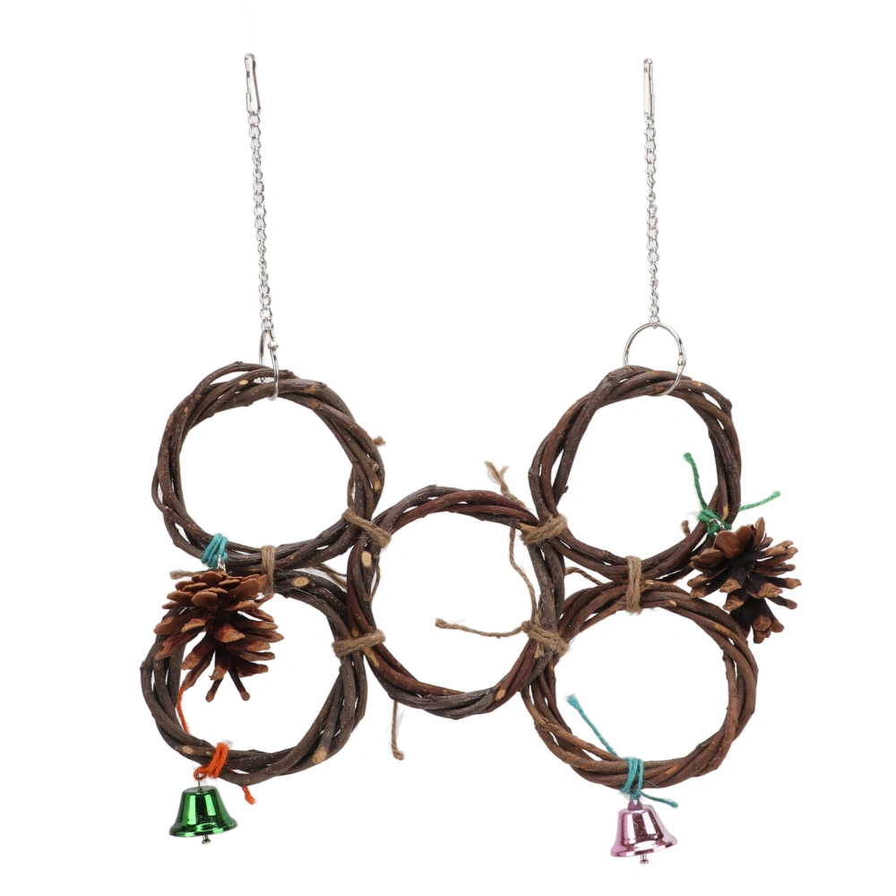 Bird Hanging Swings Toy Wooden Parrot Swing Circle Ring Toy Climbing Net with Bells5 Rings