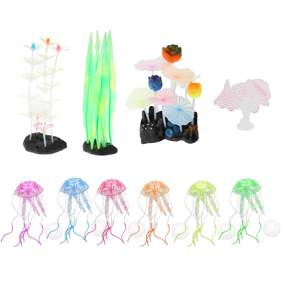 Buyweek 10Pcs Luminous Fish Tank Decoration Fish Tank Jellyfish Coral Kelp Decoration Set