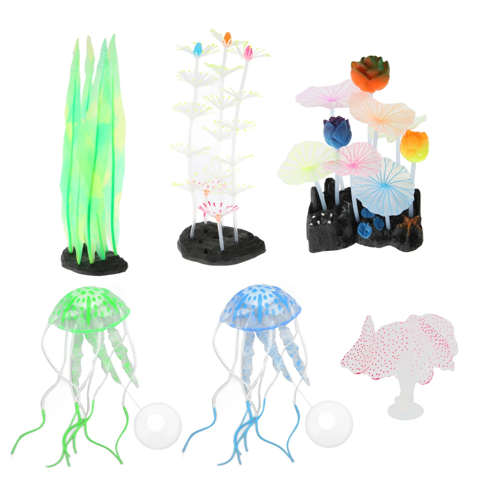 6pcs Glowing Fish Tank Decorations Simulation Silicone Kelp Silver Lotus Lotus Leaf Feather Coral Jellyfish Ornaments