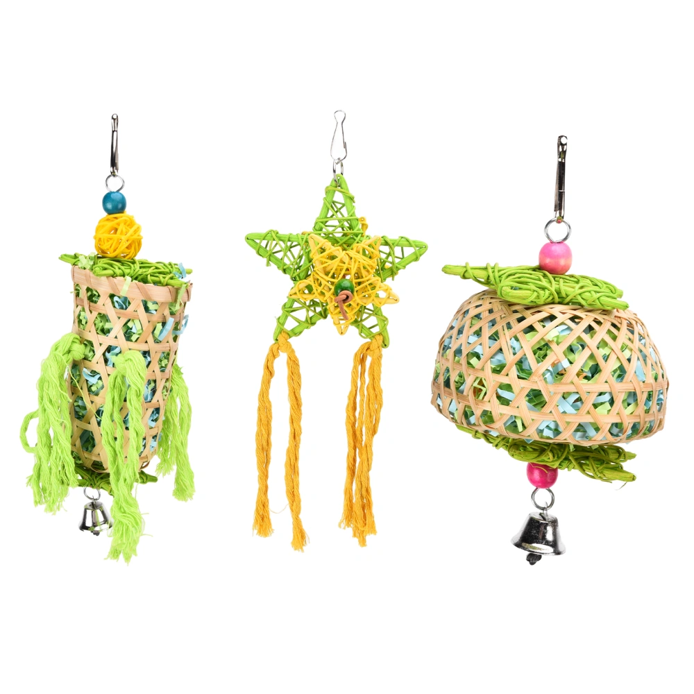 3pcs Bird Chewing Toys Natural Parrot Shredder Toy Set with Bells Rattan Ball for Budgies African Grey Parrot Cockatiels