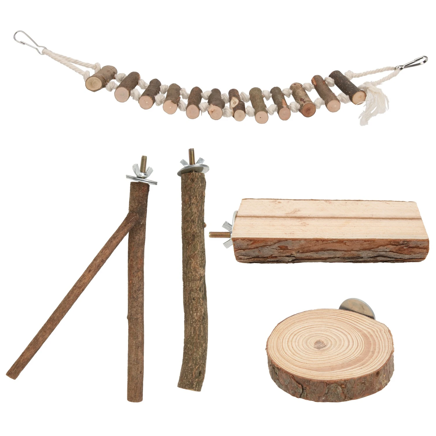5pcs Wooden Birds Perch Set Parrots Standing Grinding Platform Stick with Swing for Birds Cage Accessories