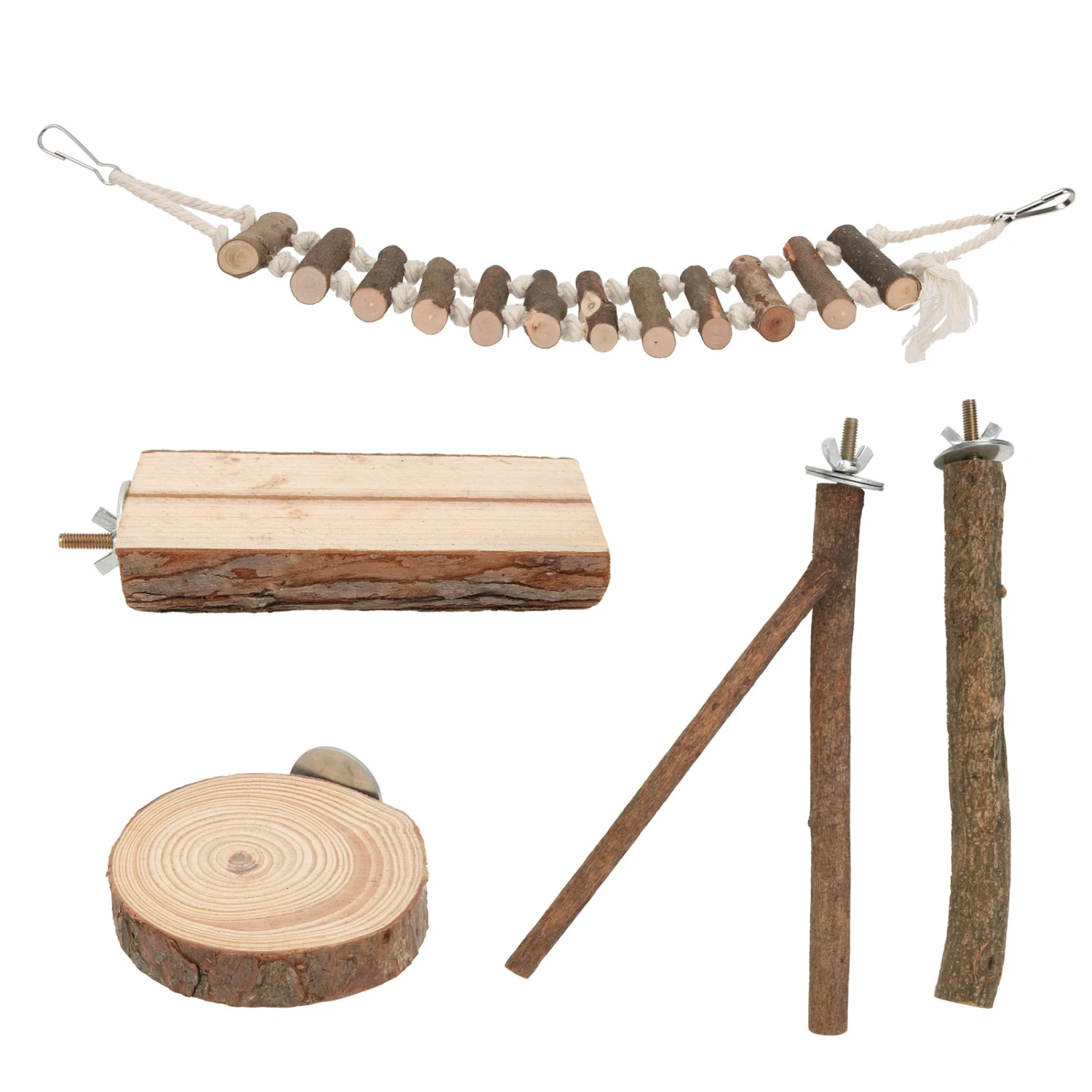 5pcs Wooden Birds Perch Set Parrots Standing Grinding Platform Stick with Swing for Birds Cage Accessories