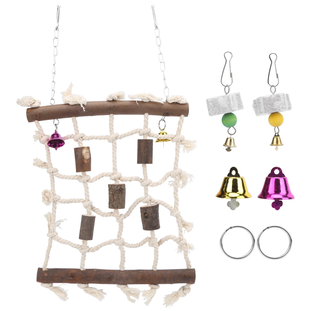 3 Pcs Parakeet Toy Wooden Block Cotton Rope Climbing Net with Molar Stone Strings Swing Toy for Birds