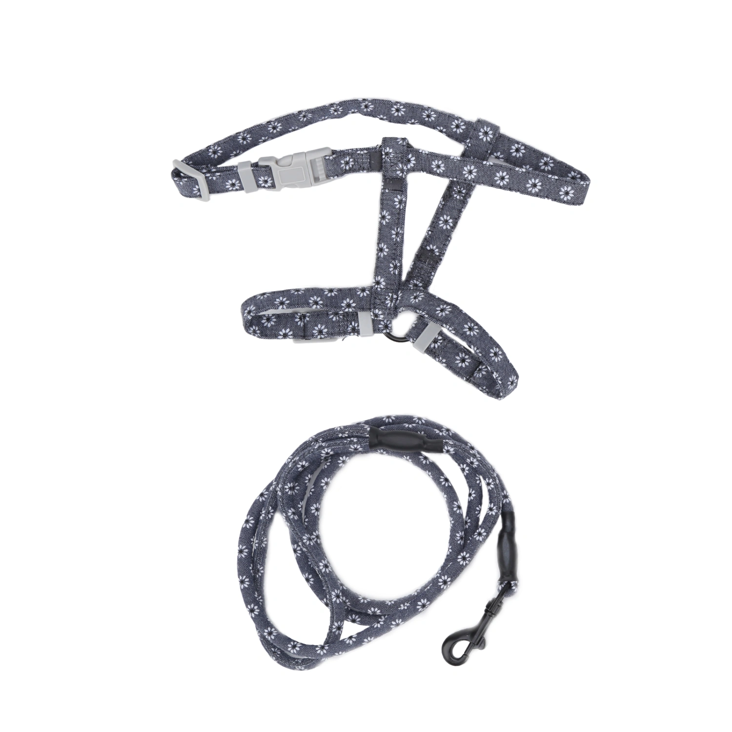 JapaneseStyle Cat Adjustable Harness Leash Set Chest Back Traction Cat Walking Rope(Dark Gray Florets S)