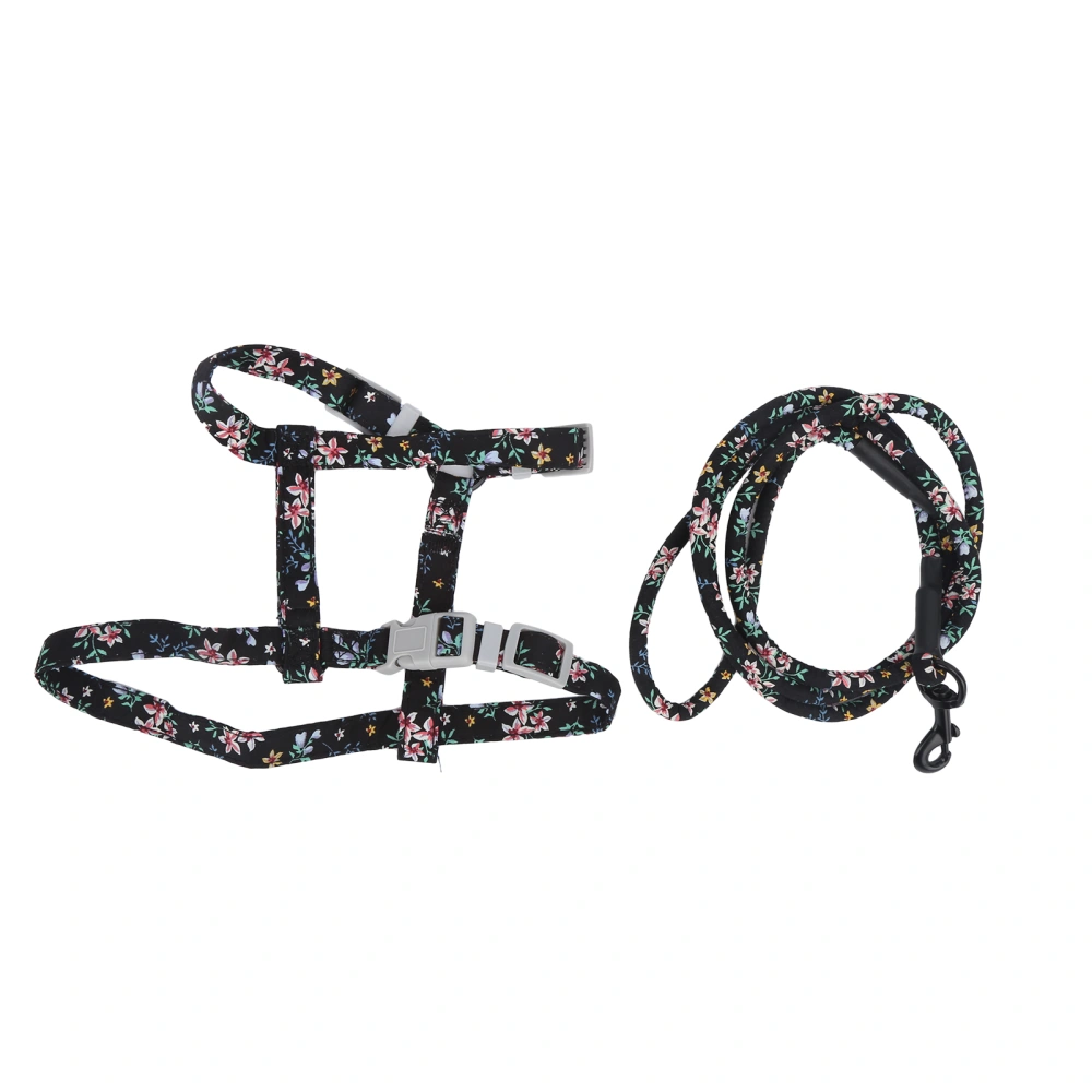 JapaneseStyle Cat Adjustable Harness Leash Set Chest Back Traction Cat Walking Rope(Black Flower M)