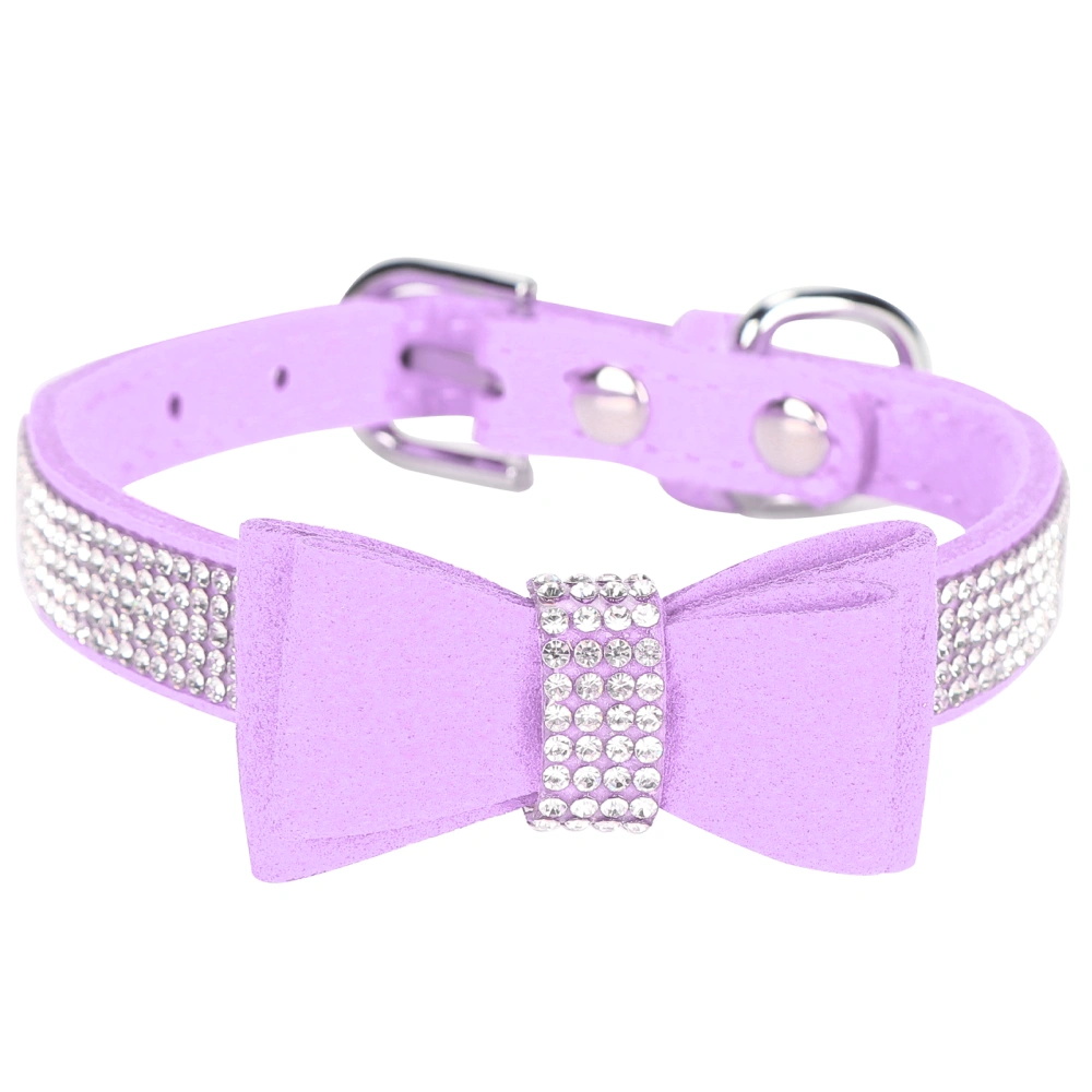 Suede Microfiber Double Bowknot Crystal Sparkle Rhinestone Cat Collar Pet SupplyPurple XS 30x1.5cm