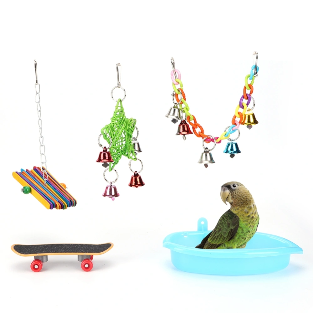 5PCS Bird Hanging Swing Bathtub Feeding Bowl Colorful Blocks Parrot Biting Chewing Toy Cage Accessory