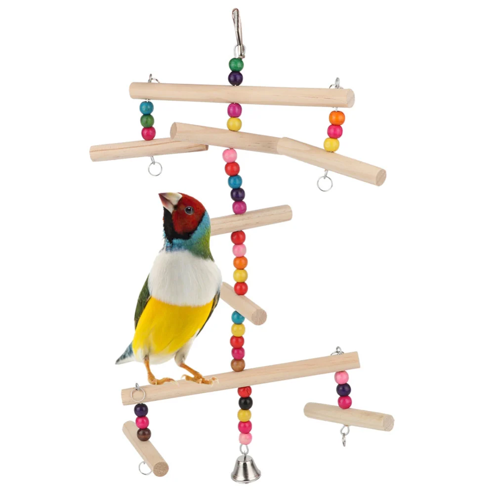 Wooden Pet Climbing Ladder Swing Chewing Parrot Toy Beads Hanging Strings Standing Frame Birds Cage Accessories Model 1