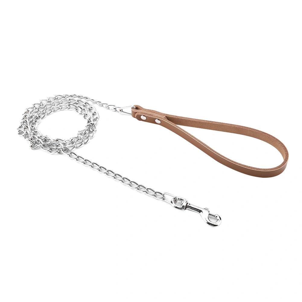 Metal Dog Leash Training Collar Rope Lead Strap with PU Handle (Brown)