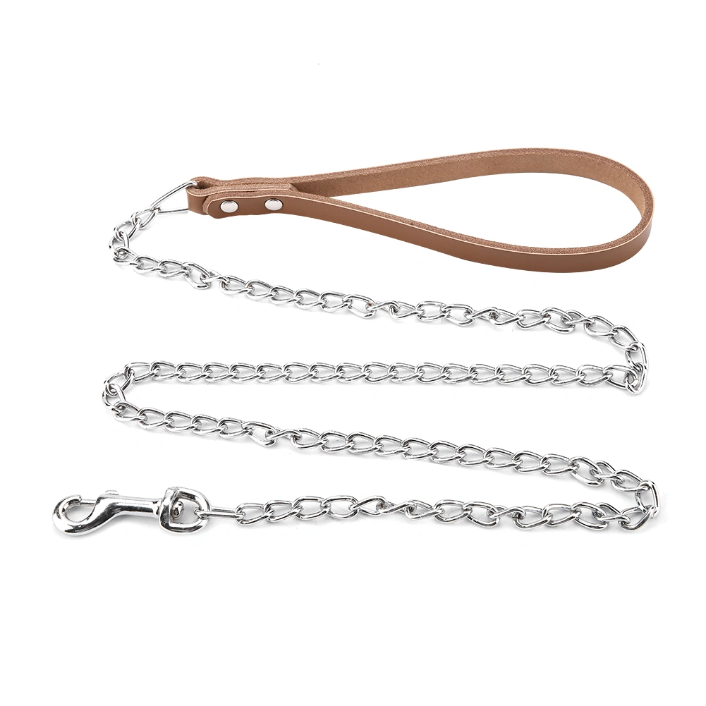 Metal Dog Leash Training Collar Rope Lead Strap with PU Handle (Brown)