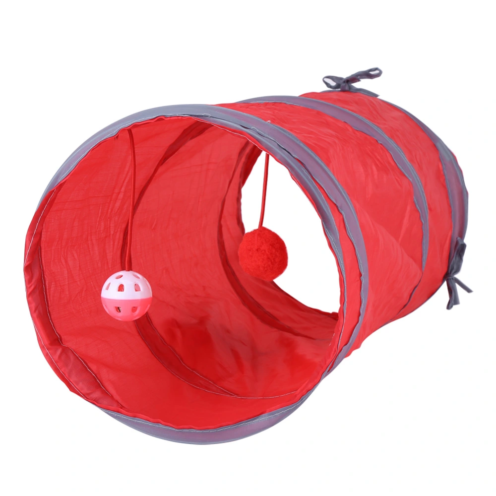 Cat Tunnel Toy Kitten Playing Tube Pet Toys with Tinkle Bell & Plush Ball（Red）