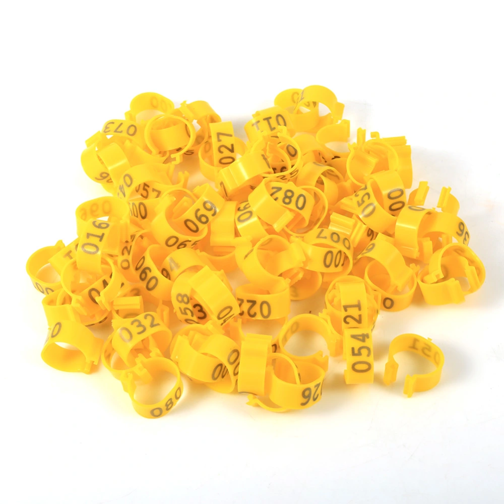 100PCS/Bag 16MM 001-100 Numbered Plastic Poultry Chickens Ducks Goose Leg Bands Rings(Yellow)