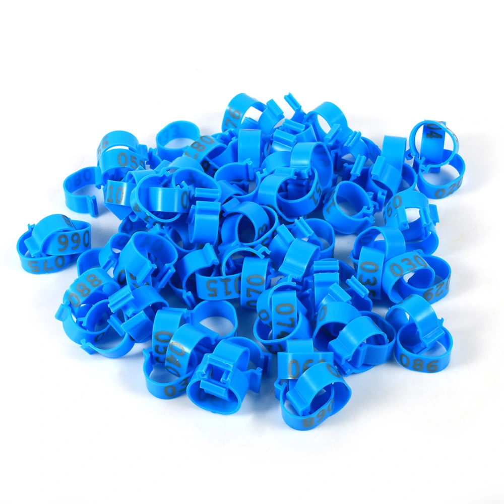 100PCS/Bag 16MM 001-100 Numbered Plastic Poultry Chickens Ducks Goose Leg Bands Rings(Blue)