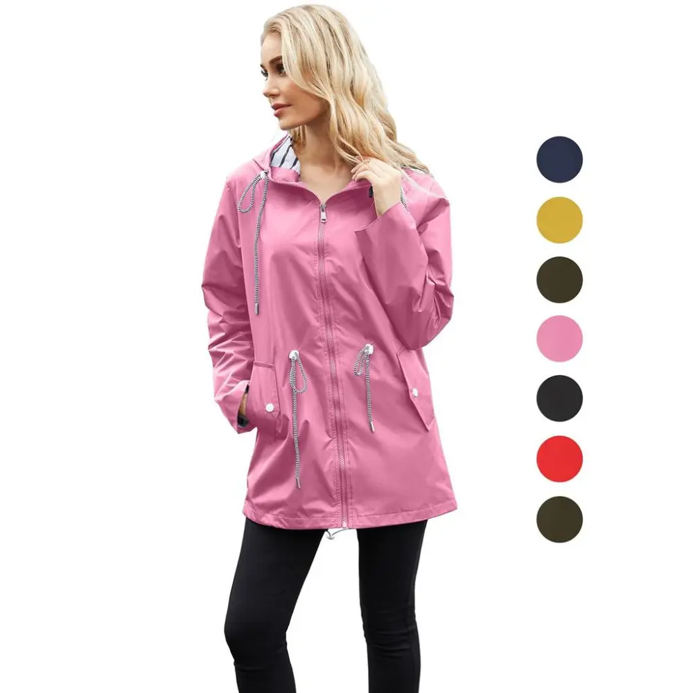 Women’s Hooded Windcheaters Stripe Drawstring Water Repellent Windbreaker Long Sleeves Oversized Loosed Raincoat Mid Length Zipper Windproof Jackets