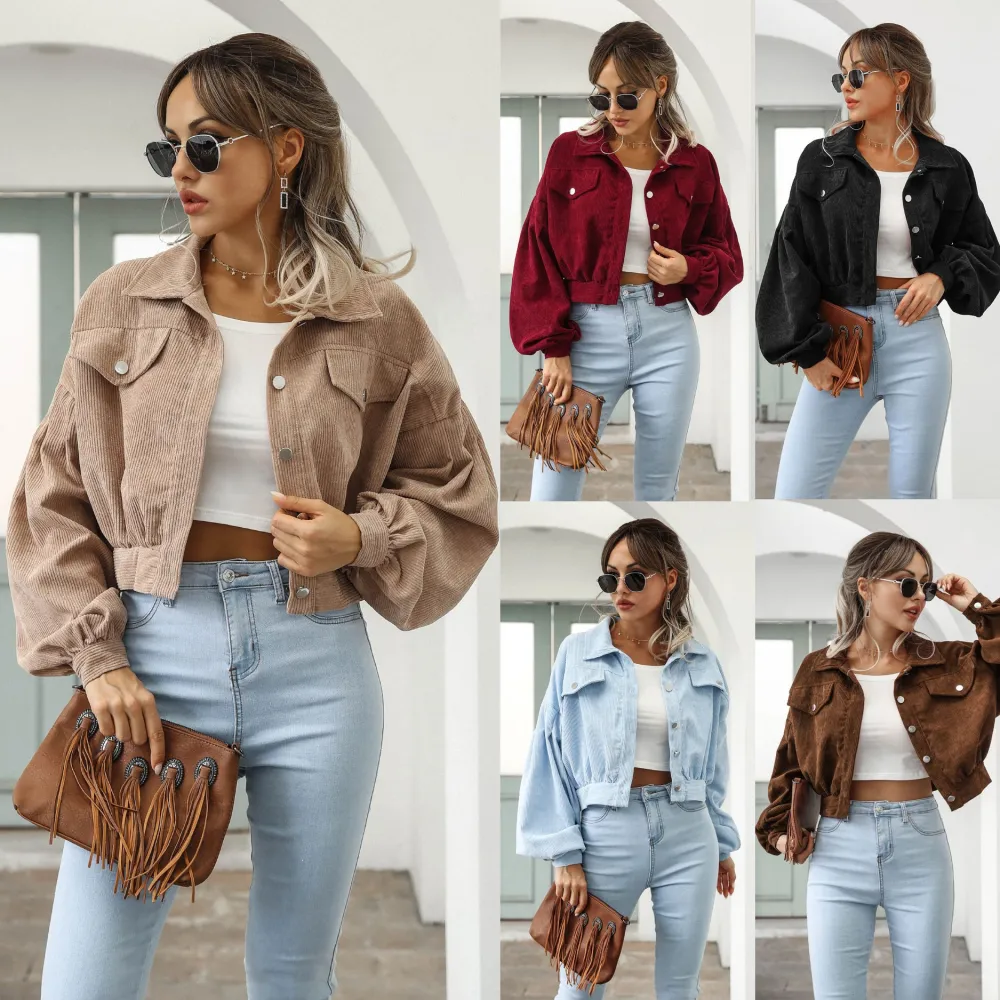 Autumn Women Lapel Lantern Sleeve Cropped Jacket Solid Color Single Breasted Overcoat Outwear Vintage Corduroy Coat