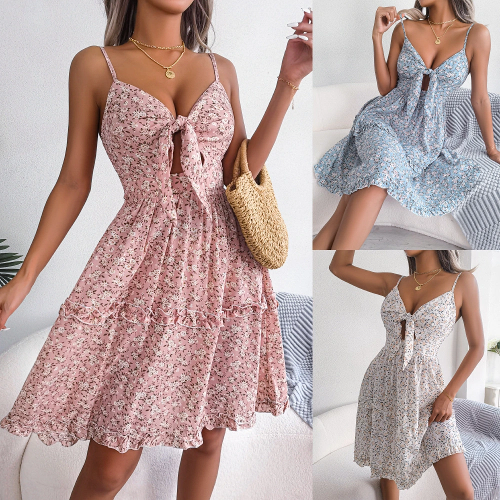 Summer Dress Hollow Out Cool Quick Drying Stylish Beach Floral Leaves Print Spaghetti Straps Mini Dress Daily Clothing