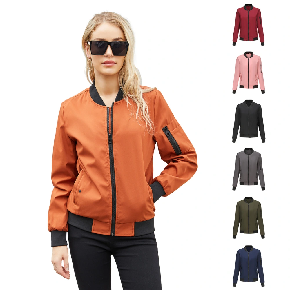 Women’s Bomber Jacket Long Sleeves Baseball Collar Thin Loose Outer Wear Zipper Flight Jackets Spring Autumn Topcoat