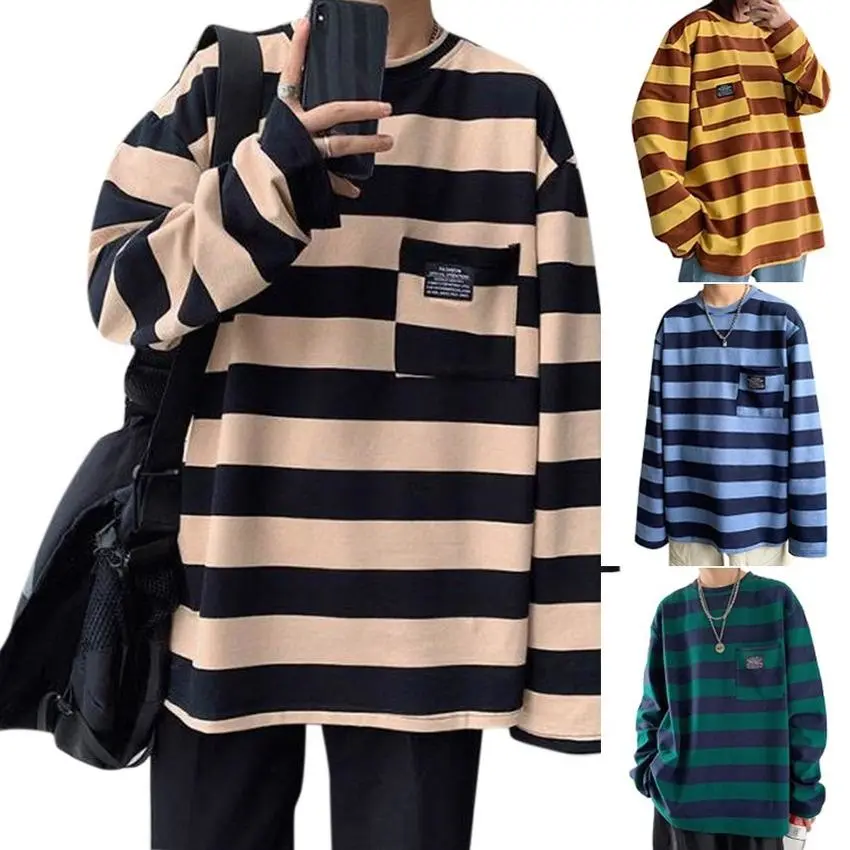 Striped Printed T Shirt Women Men Long Sleeve Oversized Tops Casual Couple Tees