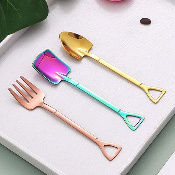 1Pcs Creative Dessert Spoon Stainless Steel Coffee Stirring Spoon Shovel Fork Fruit Fork Rose Gold Stainless Steel Fruits Fork