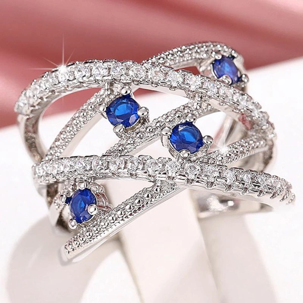 Multilayer Design 925 Sterling Silver Diamond Blue Sapphire Intertwined Ring for Women Romantic Engagement Proposal Ring Jewelry