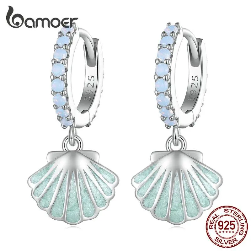 BAMOER 925 Sterling Silver Enamel Process Sea Shell Ear Buckles Hoop Earrings for Women Ocean Series Jewelry