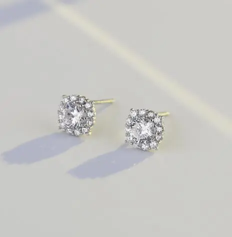 Square 925 Sterling Silver Plated 14K Gold Full Zirconium Diamond Ear Studs