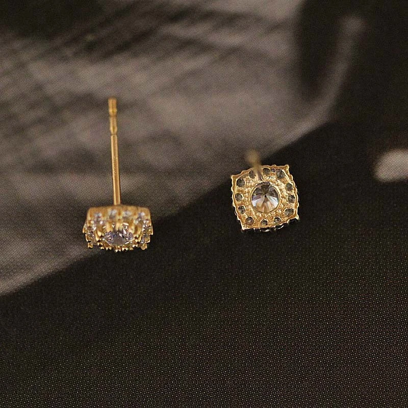 Square 925 Sterling Silver Plated 14K Gold Full Zirconium Diamond Ear Studs