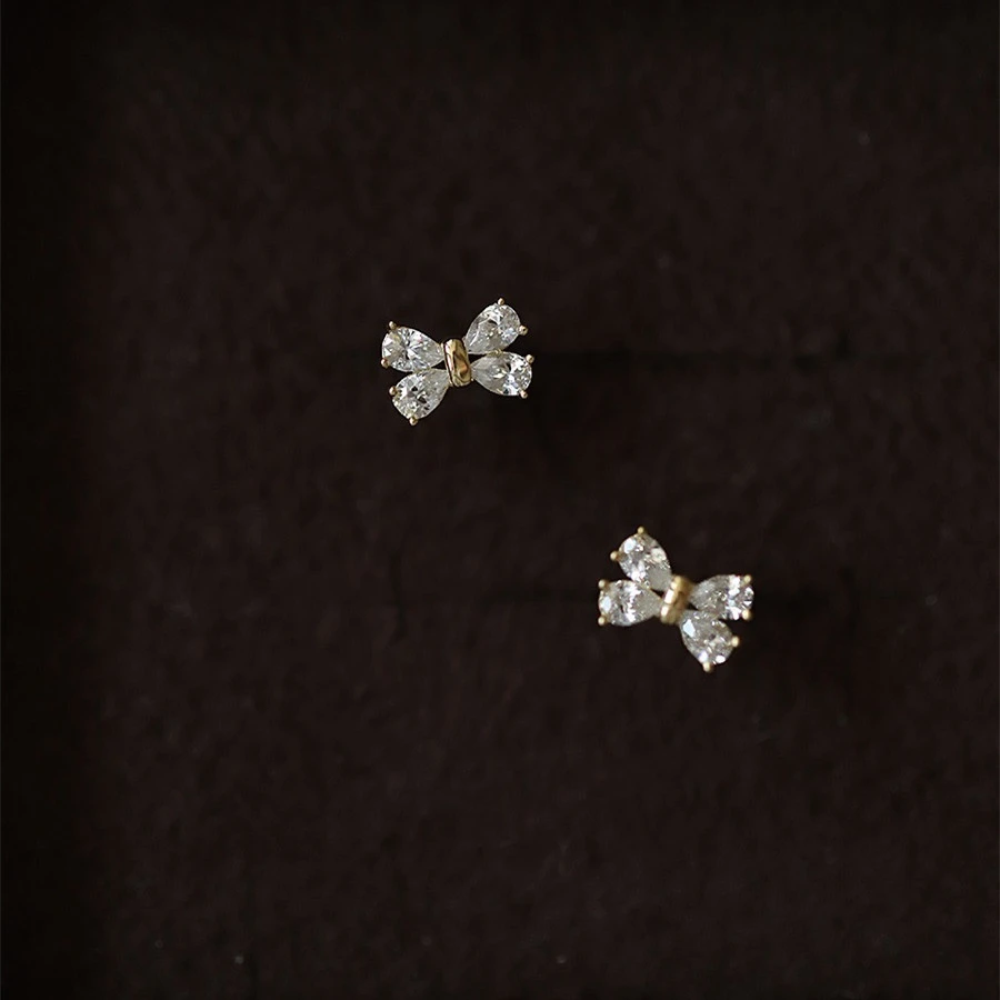 S925 Sterling Silver 14K Gold Bow Zircon Earrings