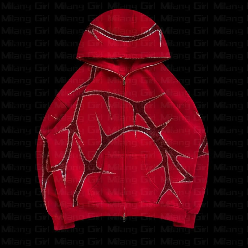 Rhinestone Zipper Hooded Fashion Sweater