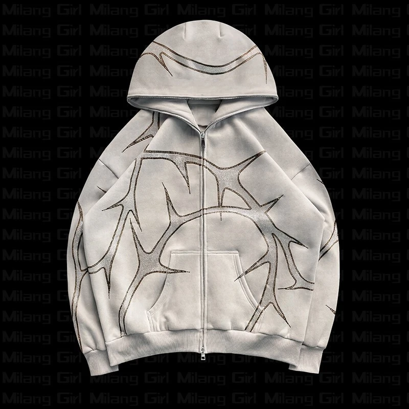 Rhinestone Zipper Hooded Fashion Sweater