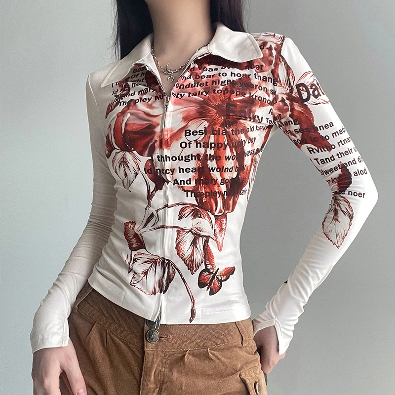 Tie-dye Three-dimensional Printing Double Zipper Exposed Navel Polo Collar Top