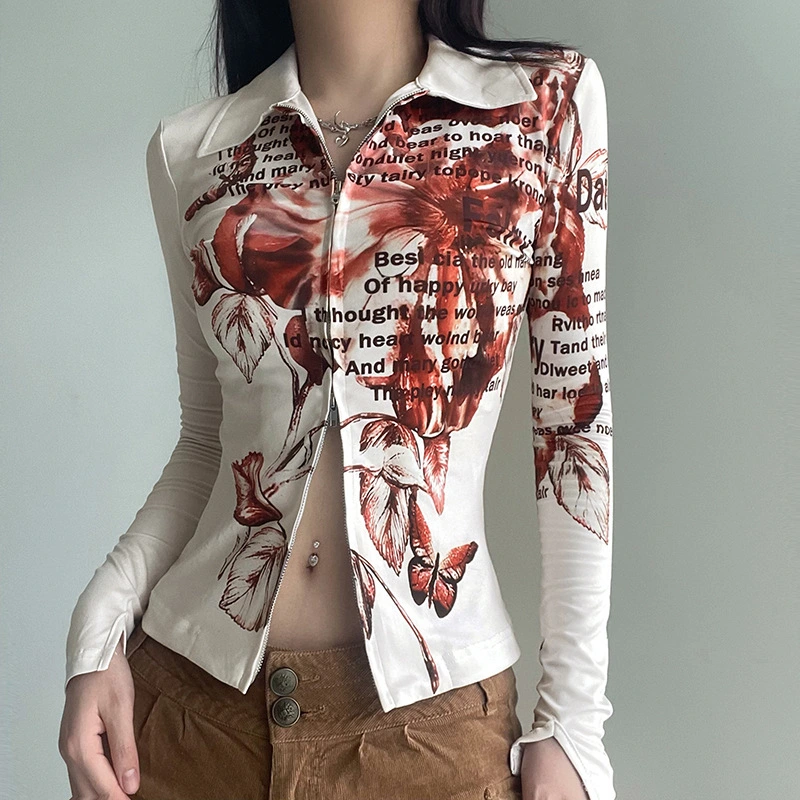 Tie-dye Three-dimensional Printing Double Zipper Exposed Navel Polo Collar Top