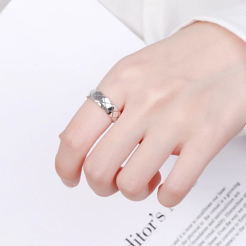 S925 Sterling Silver Ring Men's Trendy Diamond Plaid Ring Open Student Men's Personality Simple Ins Style Vintage Ring