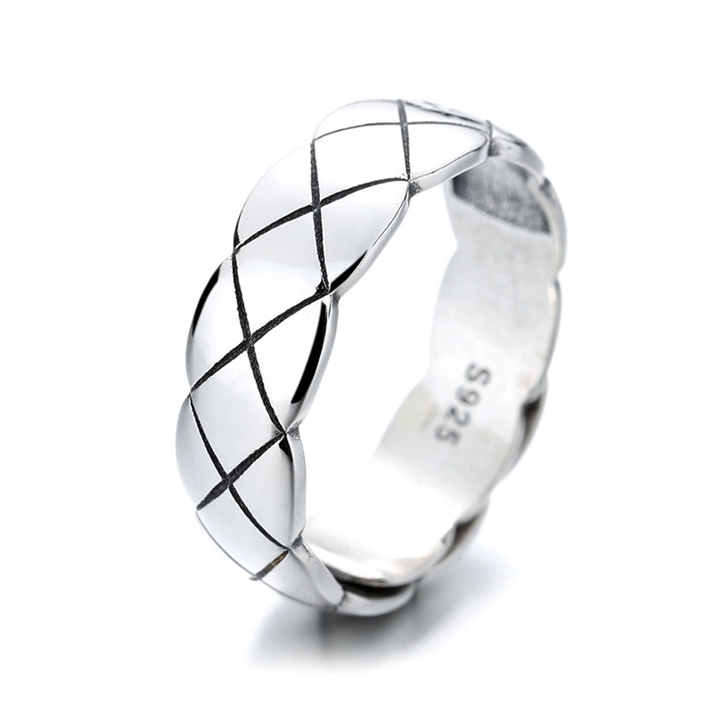 S925 Sterling Silver Ring Men's Trendy Diamond Plaid Ring Open Student Men's Personality Simple Ins Style Vintage Ring