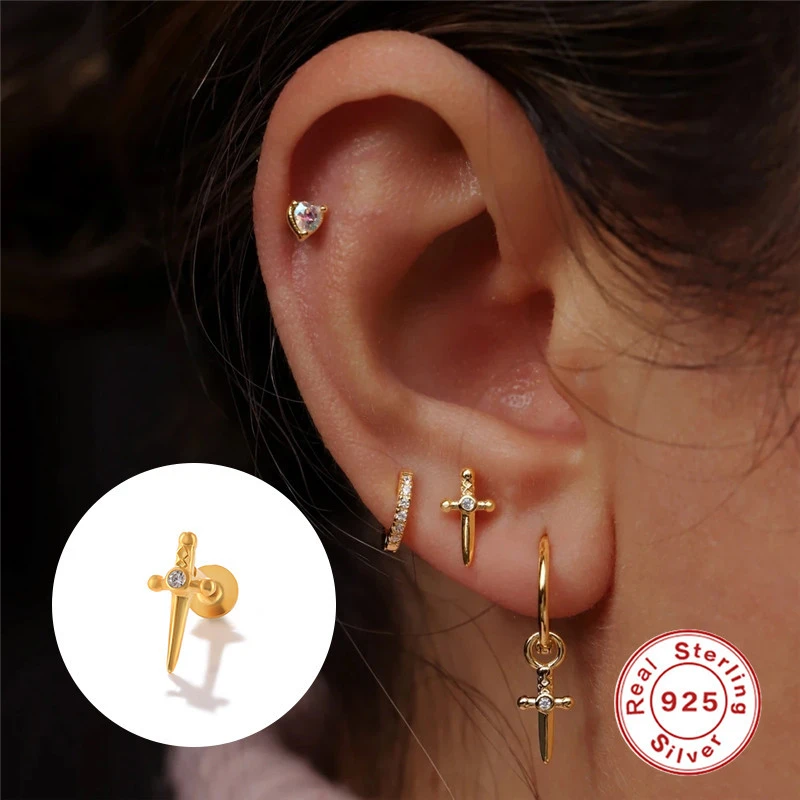 Women's S925 Sterling Silver Dagger Diamond Thread Piercing Ear Stud