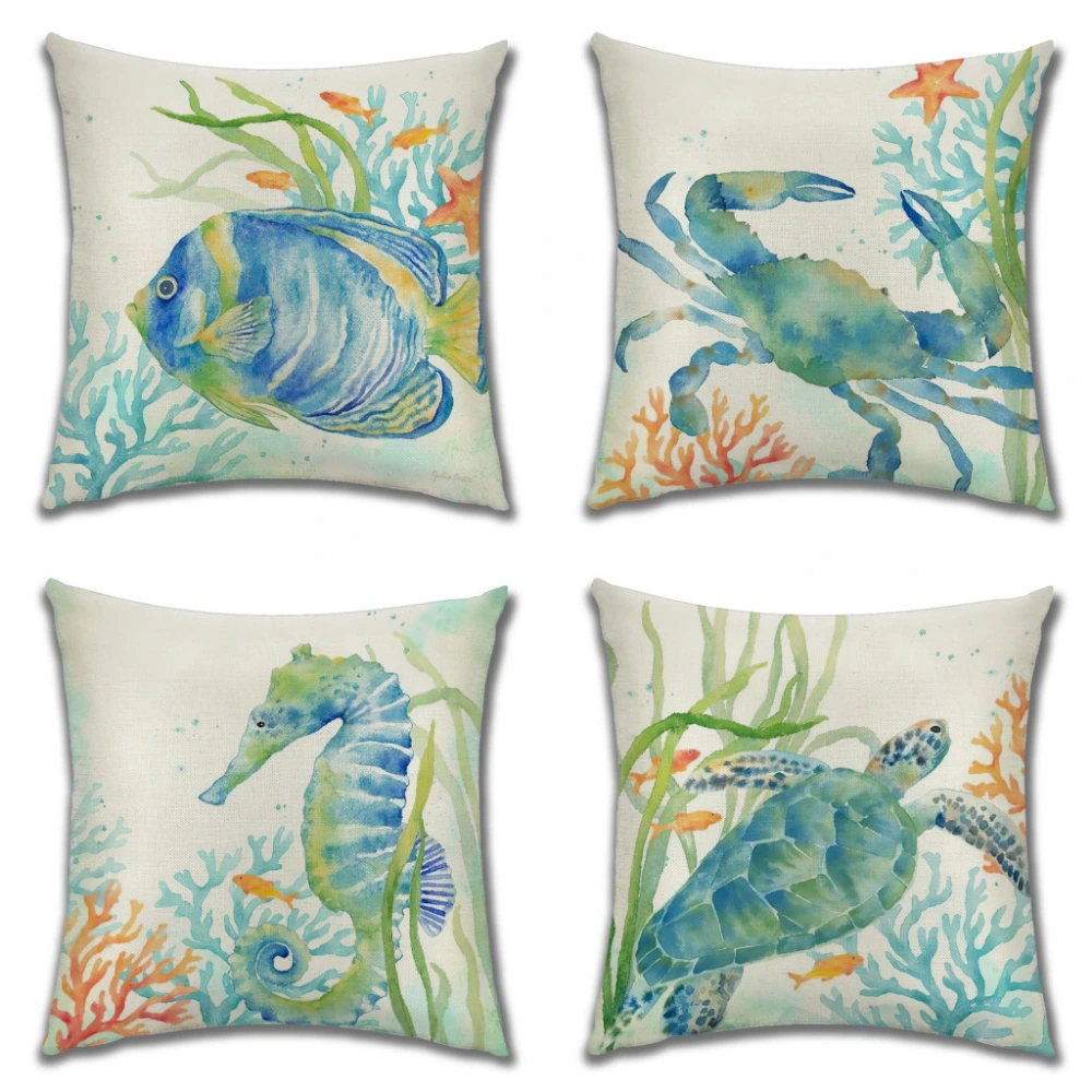 Watercolor Seahorse Mediterranean Sea Animal Print Linen Pillow Cover